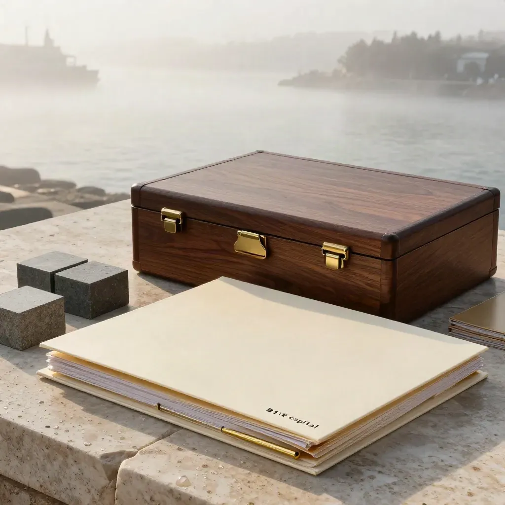 Capital strategy binders, brass weights and walnut case on pale limestone in dawn mist.