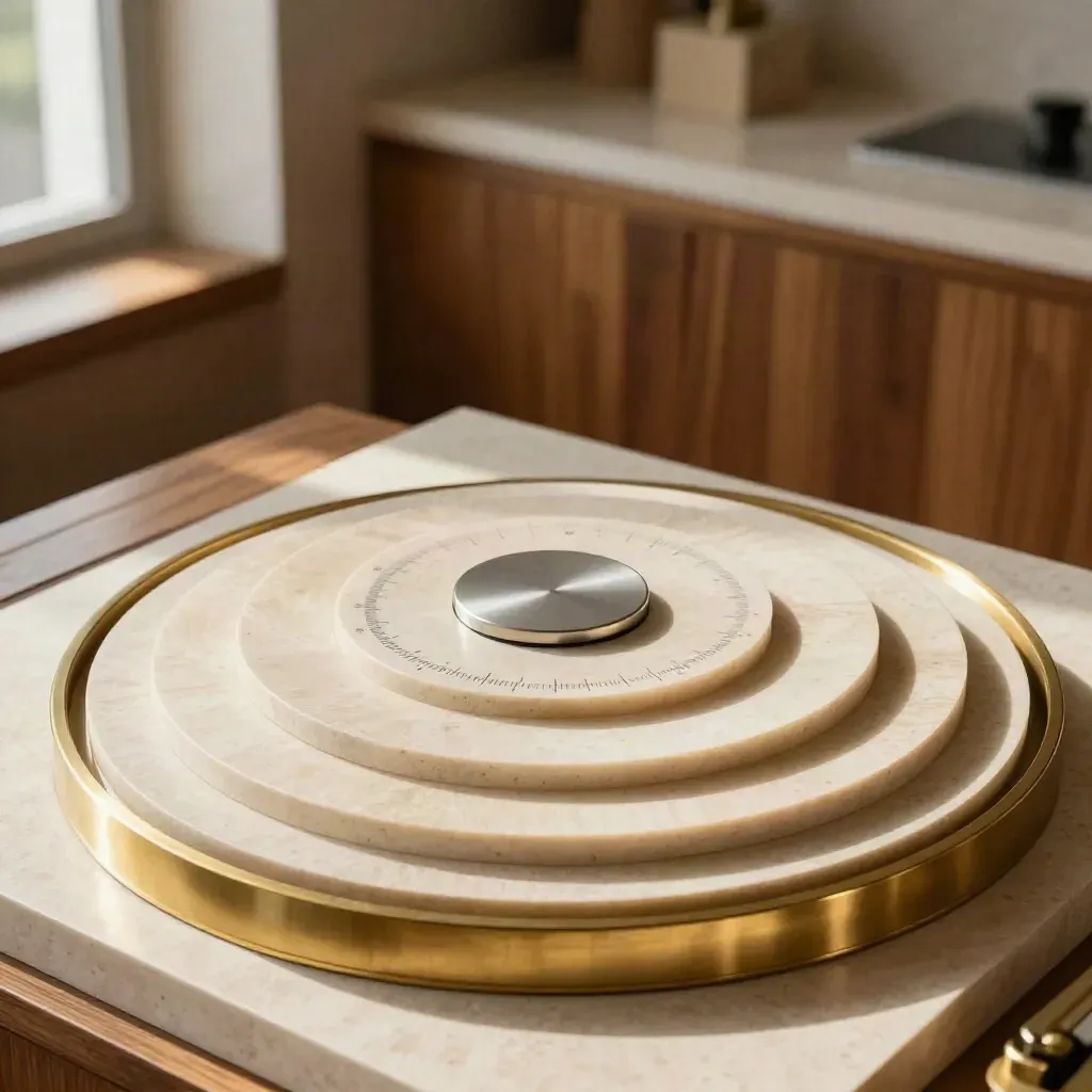 Stone valuation discs and brass rings on travertine in a sunlit finance suite.