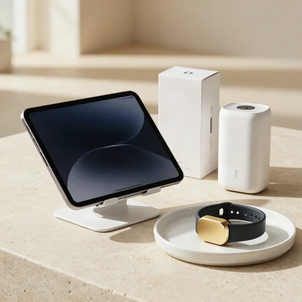 Tablet and boxed health devices on pale stone with brass accents, ready for launch.