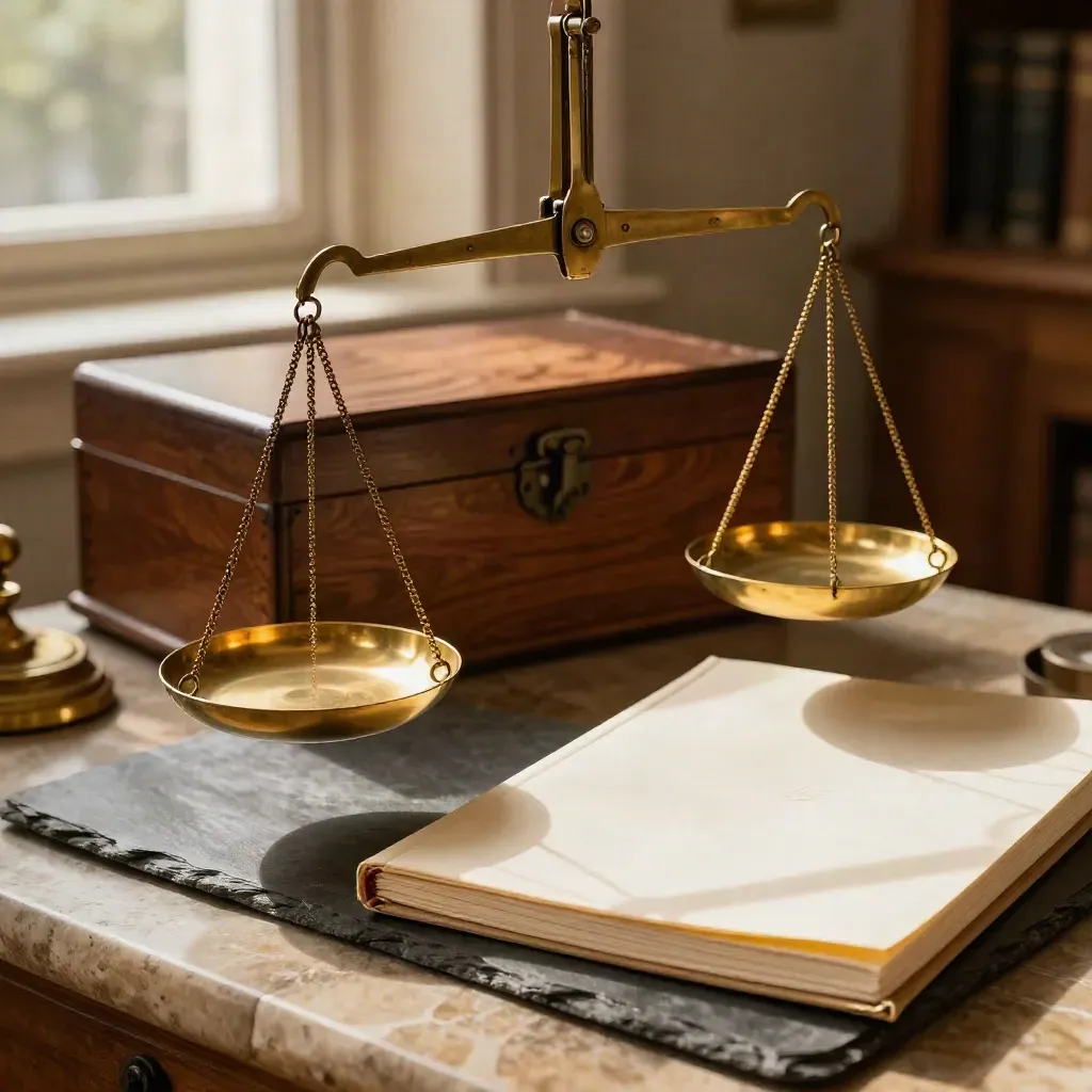 Brass scale, oak archival box and closed cream folio on limestone in warm late-afternoon light.