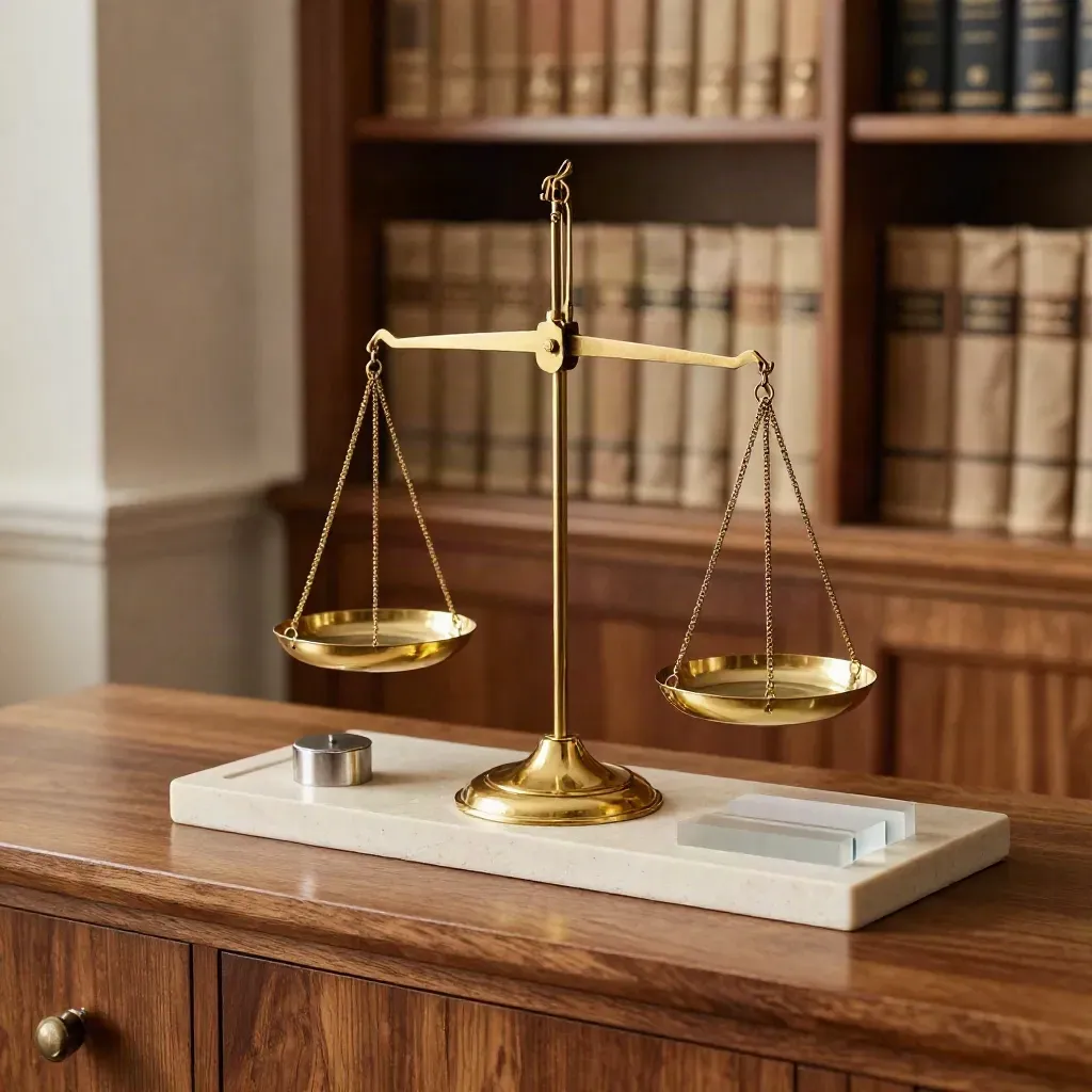 Brass balance scale, acrylic markers and stone tray on a walnut advisory credenza