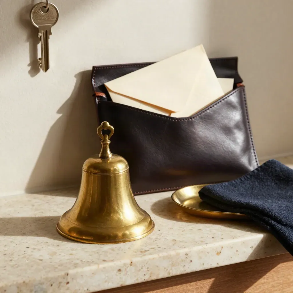Brass call bell, sealed envelopes, and leather message pouch on a travertine reception ledge.