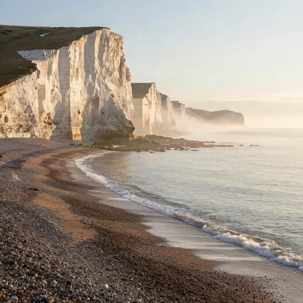 Sunrise chalk cliffs above a misty South East shingle beach, calm sea and golden haze.